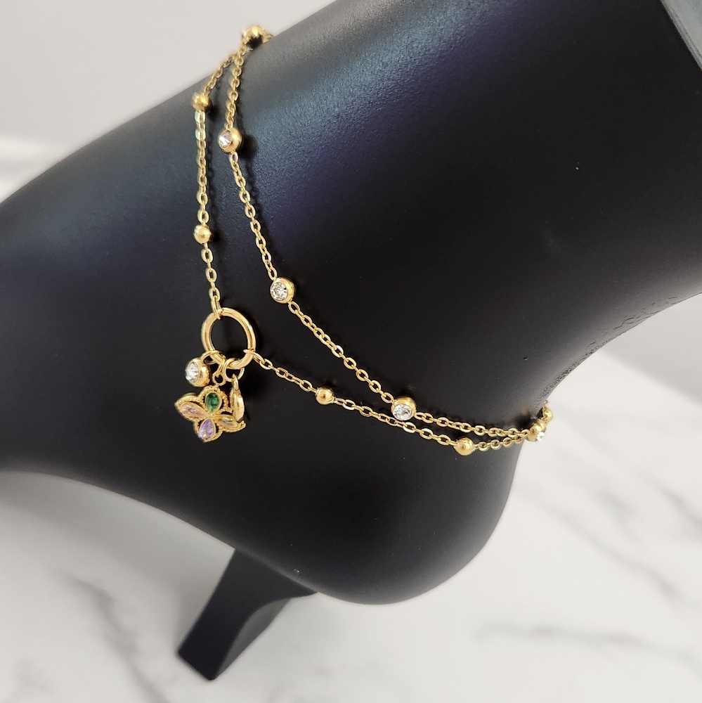 Gold Double Chain Anklet Dainty Crystals Butterfly Heart Charm Ankle Bracelet - Picture 5 of 14